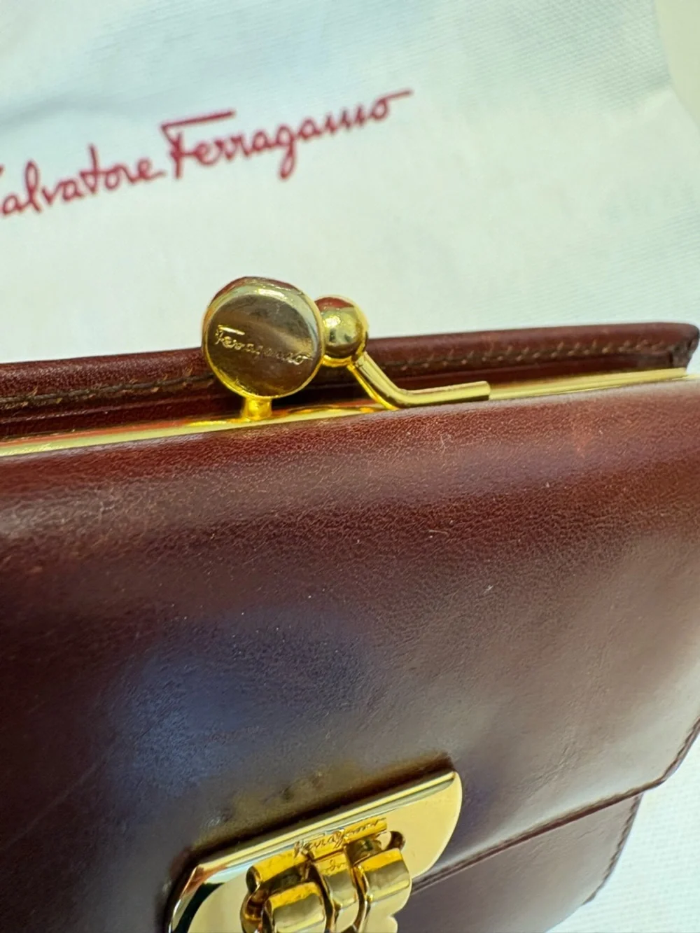 Salvatore Ferragamo Burgundy Leather Wallet Gold Hardware Luxury